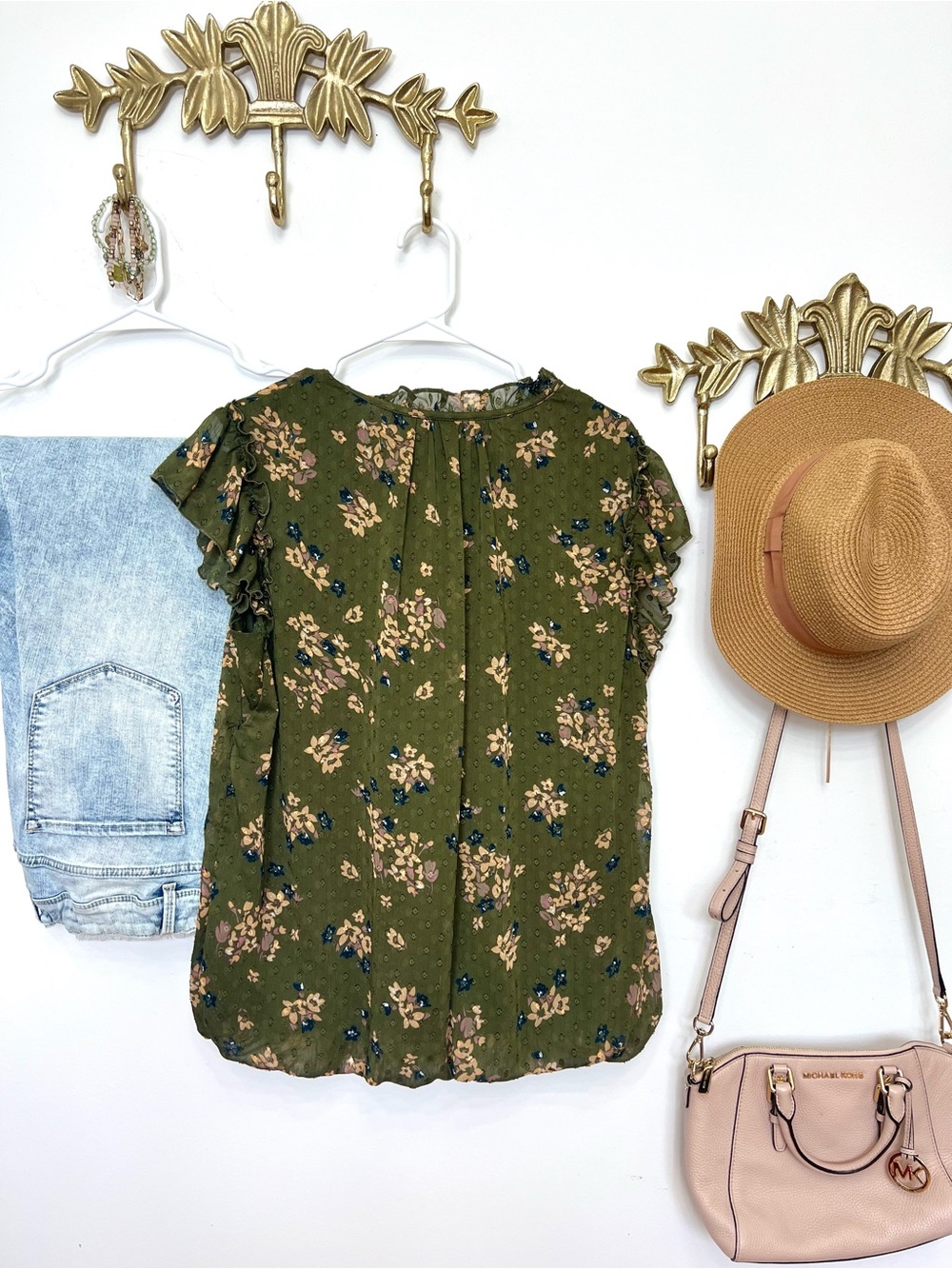 Tamara H Dark Olive Floral Short-Sleeve Blouse Ptp Xl /1X 25” L 29” - Picture 4 of 5